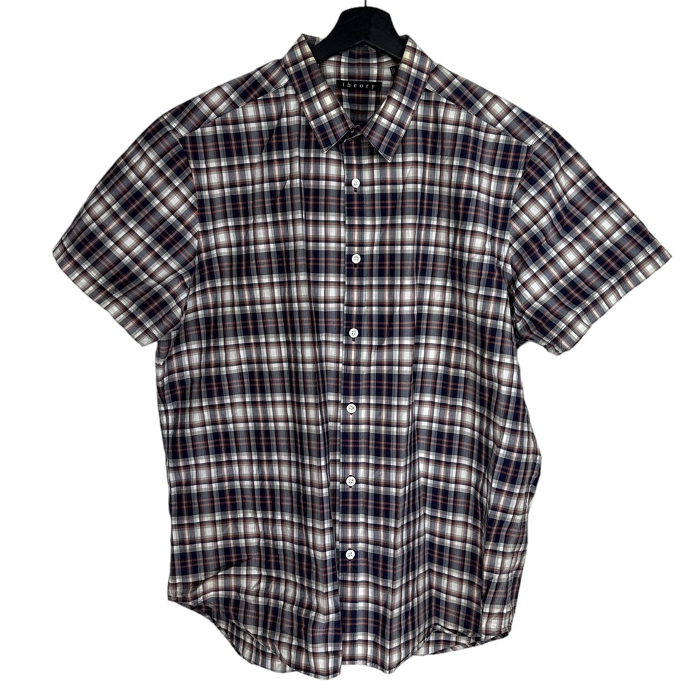 Theory Zack PS A Plaid Blue Button Front Short Sleeve Shirt XL Mens - Picture 6 of 11